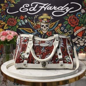 Ed Hardy Rhinestone Red and White Skull-Print Shoulder Satchel